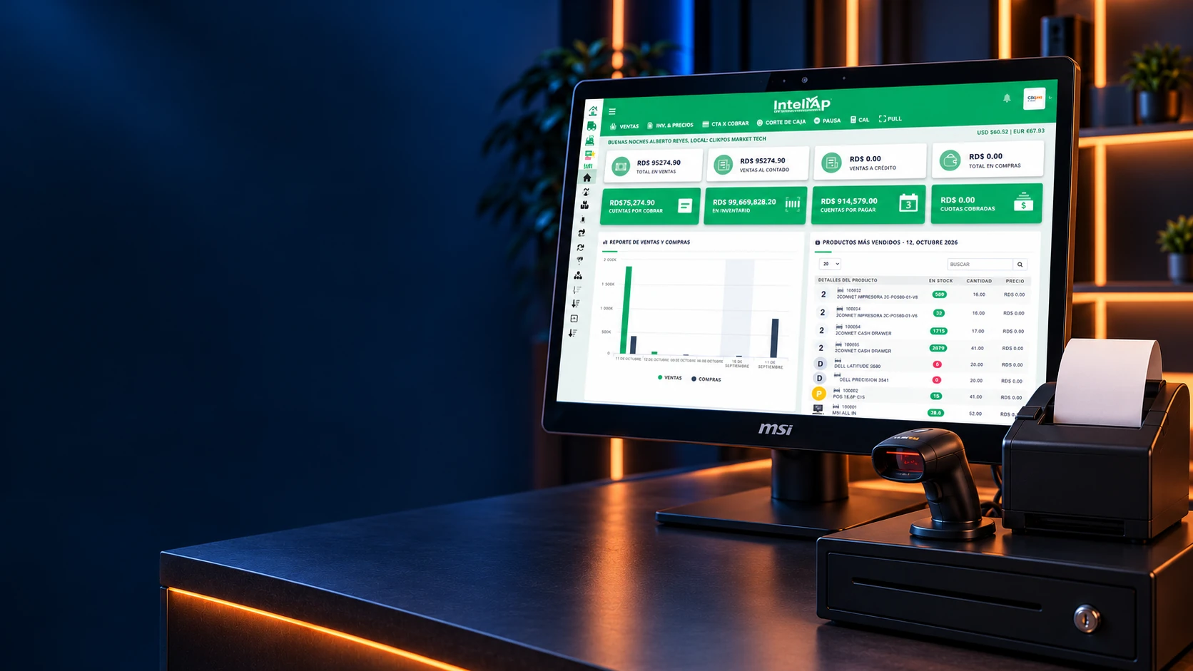 MSI todo en uno con INTELIAP ERP, impresora, lector y cajón de dinero.
