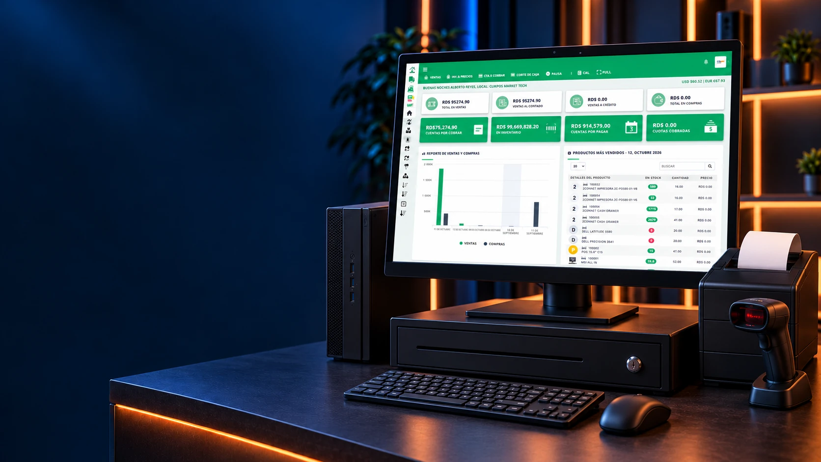 Punto de venta tradicional con monitor, computadora y accesorios.
